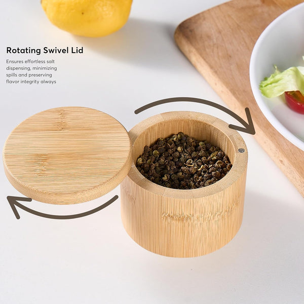 Bamboo Salt and Pepper Bowl, Bamboo Salt Cellar and Spices Storage Box with Spoon and Magnetic Swivel Lid (Single Compartment)