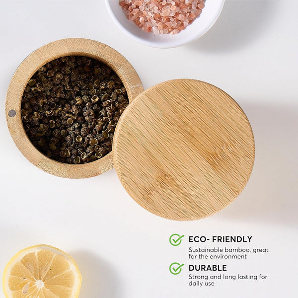 Bamboo Salt and Pepper Bowl, Bamboo Salt Cellar and Spices Storage Box with Spoon and Magnetic Swivel Lid (Single Compartment)