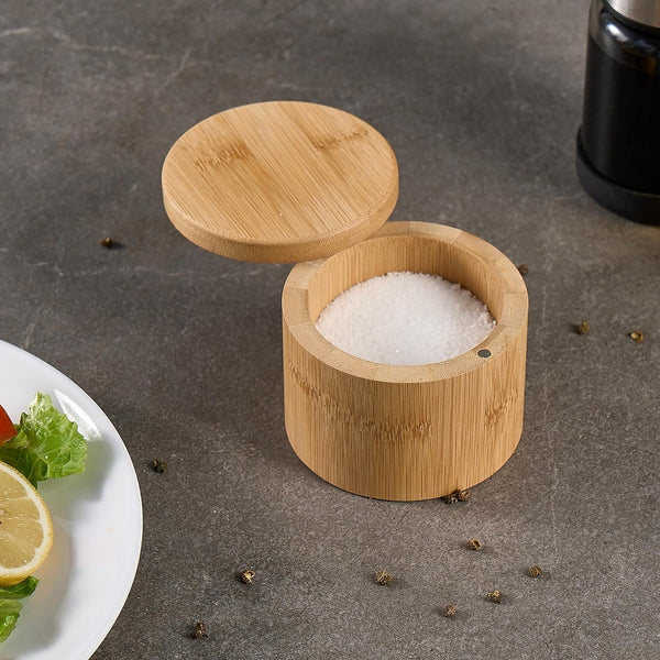 Bamboo Salt and Pepper Bowl, Bamboo Salt Cellar and Spices Storage Box with Spoon and Magnetic Swivel Lid (Single Compartment)