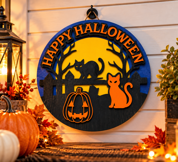 Happy Halloween Black Cat Wooden Door Hanger – Laser Cut & Hand Painted