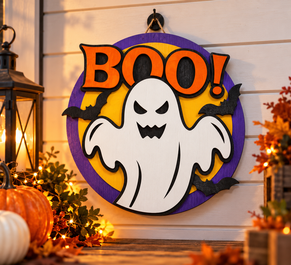 BOO! Halloweenl Ghost Wooden Wall Art – Laser Cut & Hand Painted