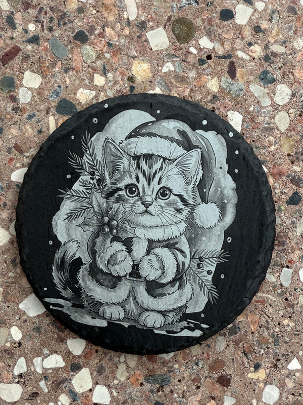 Slate Coaster – Laser Engraved (Merry Christmas #Cat)